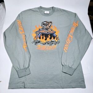 Teddy Fresh  Graphic Cauldron Flames Skulls Long Sleeve Shirt Size M Sand Green